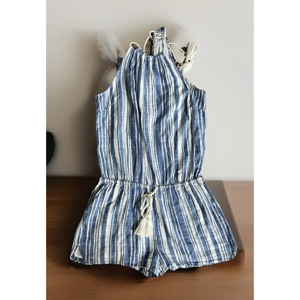 Vineyard Vines SZ 4 Rope Neck‎ Cotton Linen Blend Sleeveless Romper Seersucker